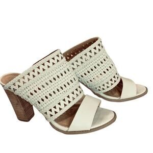 Report woven mule shoes slip ons leather stack heels 4.5”. Size 8